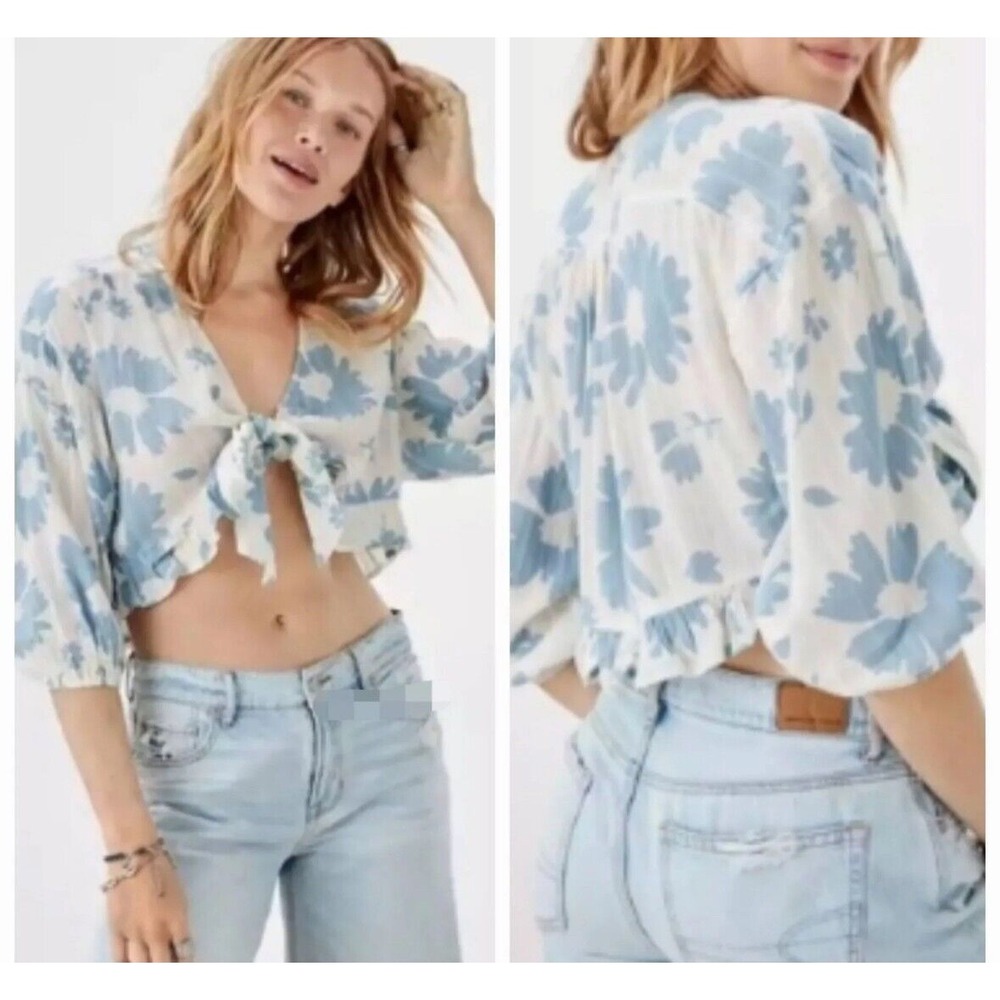 American‎ Eagle Floral Tie Front Crop Top Blouse 3/4 Sleeve Ruffle Hem Bohemian